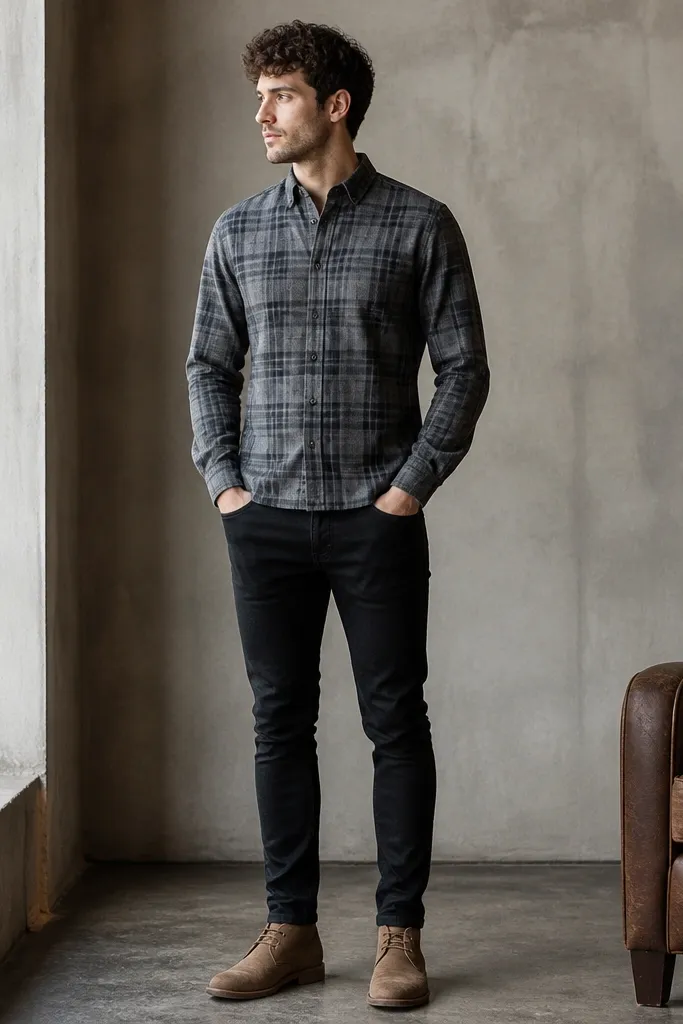 A gray plaid flannel worn buttoned, paired with black skinny jeans and tan suede chukka boots. The photo shows the flannel hem at the belt line and the boots with visible suede texture.