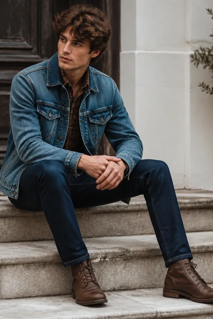 A brown flannel shirt worn under a medium-wash denim jacket, with indigo jeans and brown leather lace-up shoes. The image shows the flannel collar peeking under the denim jacket.