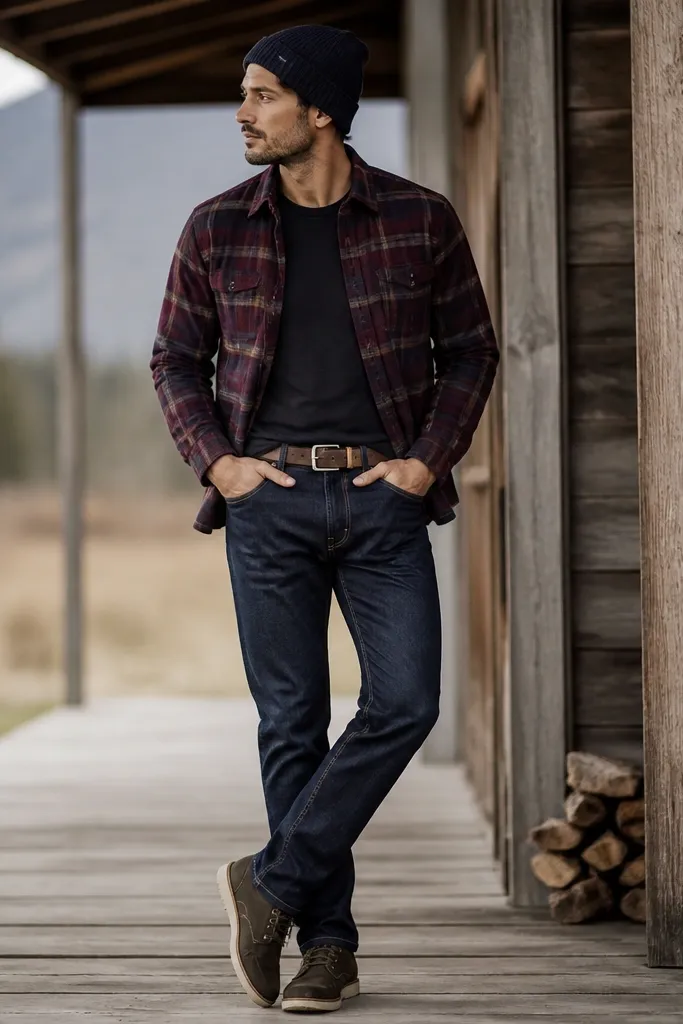 A burgundy plaid flannel worn open over a dark tee, paired with navy jeans. A knit beanie sits on the head, and a leather belt is visible at the waist. Shoes are dark sneakers or boots.