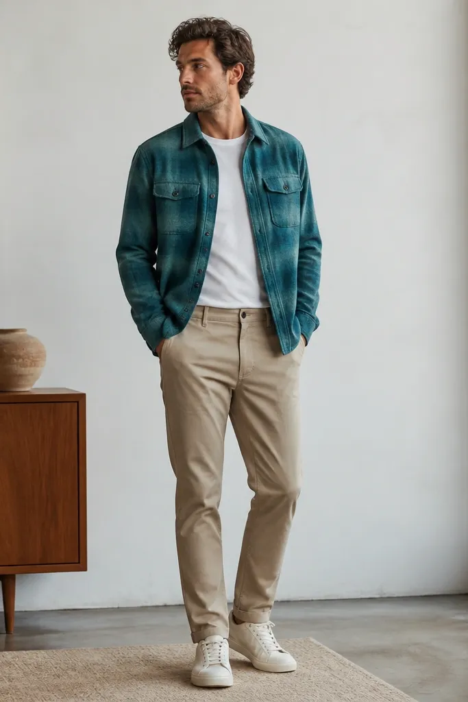 A teal flannel overshirt worn open over a white t-shirt, paired with stone-colored chinos and light sneakers. The image shows the overshirt hem sitting at the waistband and the sneakers staying clean.