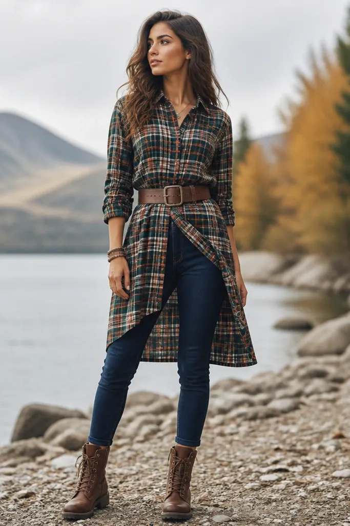 A longer flannel shirt worn like a dress, with a front tuck and a wide belt at the waist. The outfit includes dark jeans or slim leggings and sturdy boots.