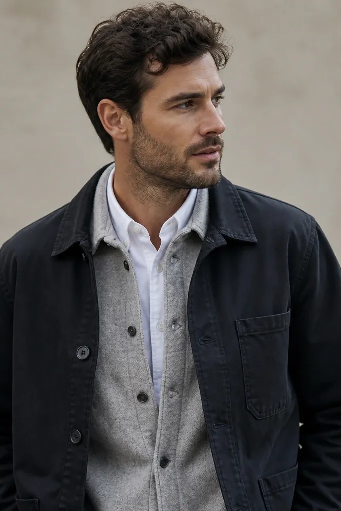 A light gray flannel shirt worn open over a white button-down collar, layered under a darker chore jacket. The outfit shows crisp collar edges and a layered, workwear style.