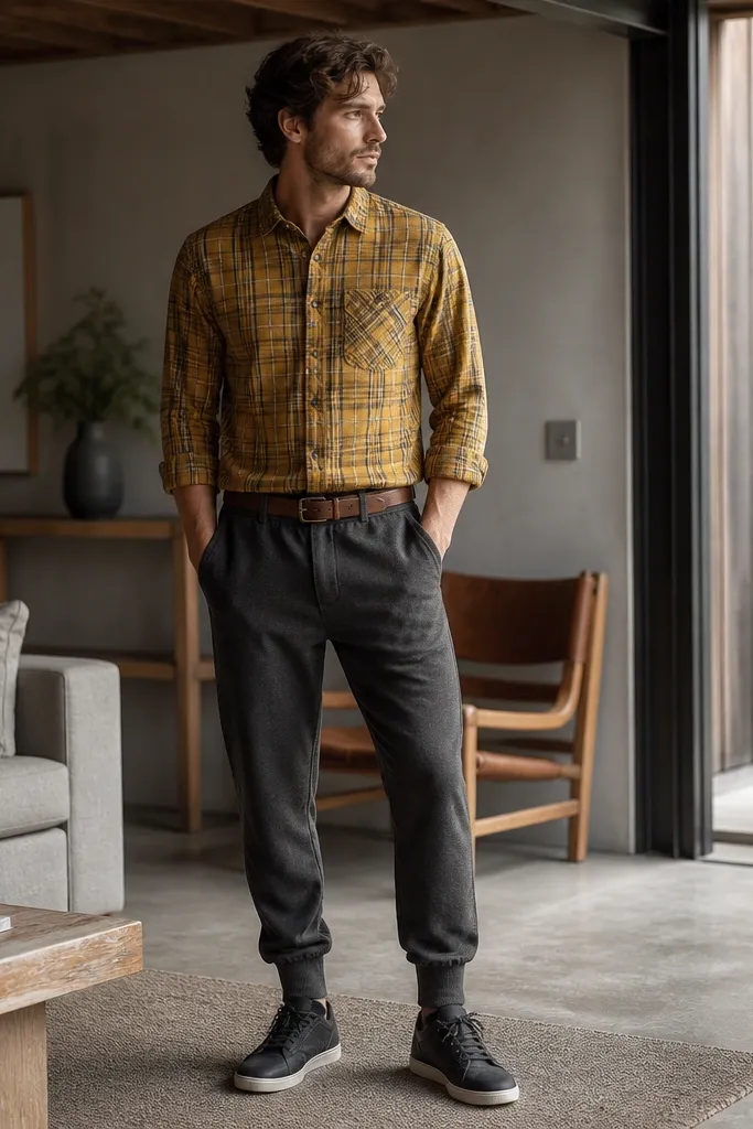 A mustard yellow flannel shirt worn buttoned, paired with charcoal joggers and a leather belt. Shoes are dark sneakers. The image shows a casual lounge-to-street look.