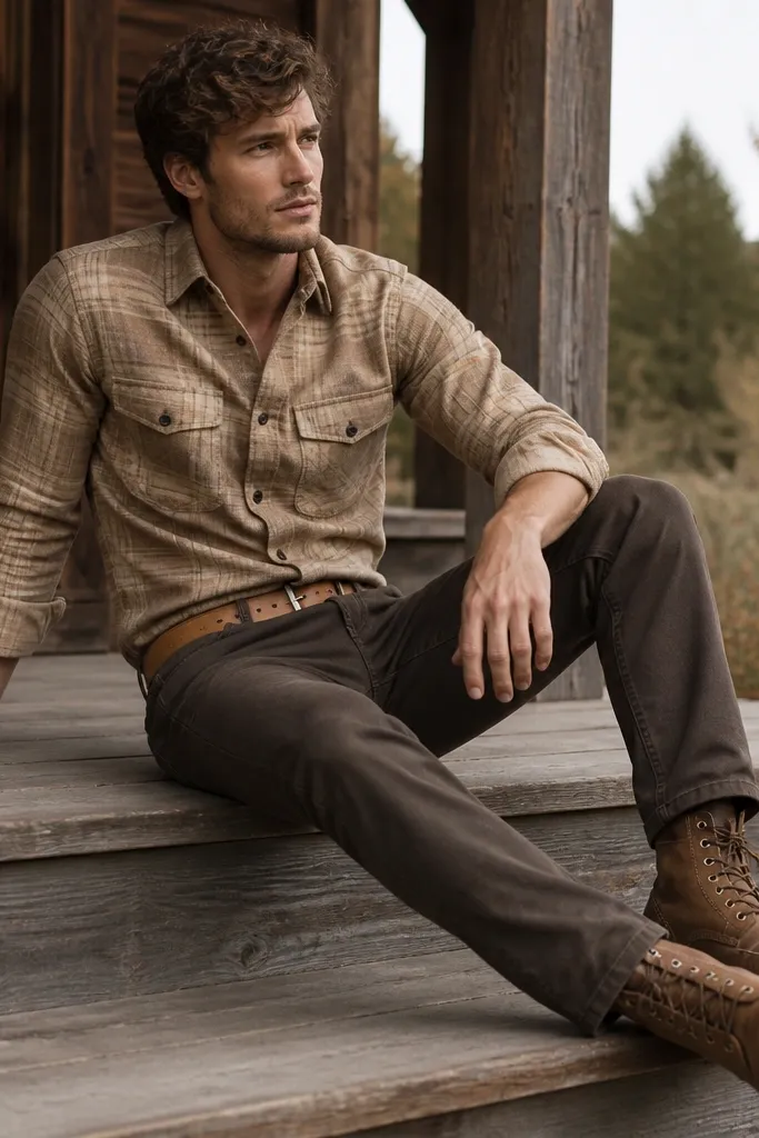 A tonal tan flannel shirt with a subtle check, paired with dark brown work boots and dark pants. A suede belt matches the tan tones. The outfit looks warm and monochrome.