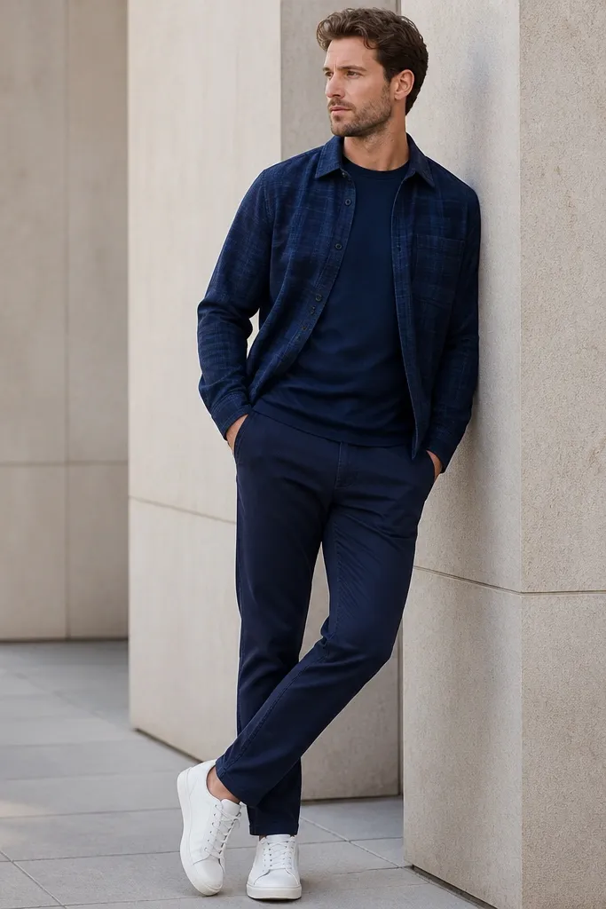 A navy flannel overshirt worn open over a navy tee, paired with navy chinos and white sneakers. The photo shows matching blues and a clean, casual silhouette.