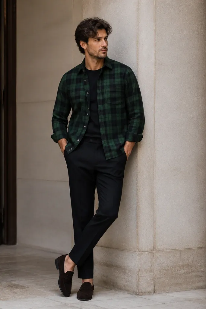 A green plaid flannel shirt worn half-buttoned over a plain black base layer, paired with black slim pants and suede loafers. The image shows a dressy-casual twist.