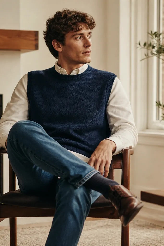 A white flannel shirt layered under a navy knit sweater vest, with jeans and brown leather shoes. The photo shows the flannel collar and a small portion of the pattern-free fabric peeking out.
