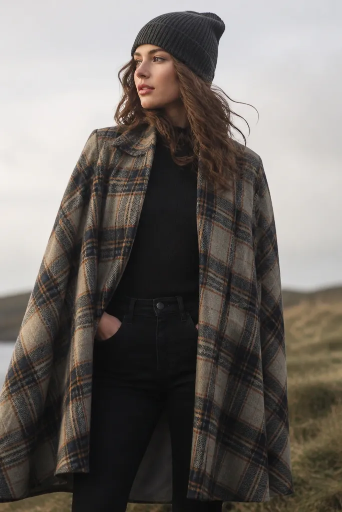 A plaid flannel worn like a cape coat over a dark base, with a wool beanie and black jeans. The photo shows wide drape at the shoulders and a dark center underneath.
