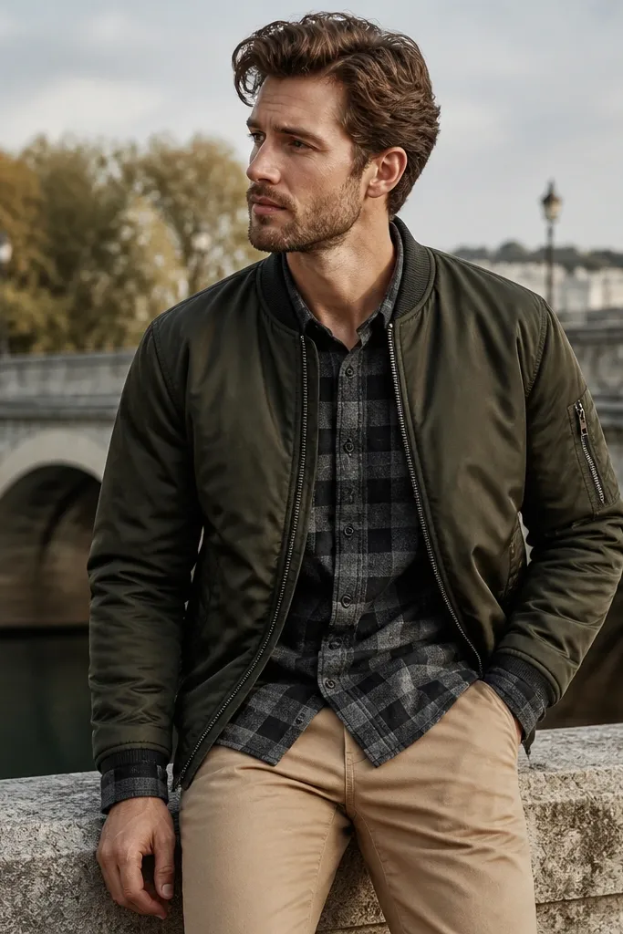 A two-tone flannel button-up worn under a bomber jacket, paired with chinos. The image shows the flannel pattern peeking out at the cuffs and collar.