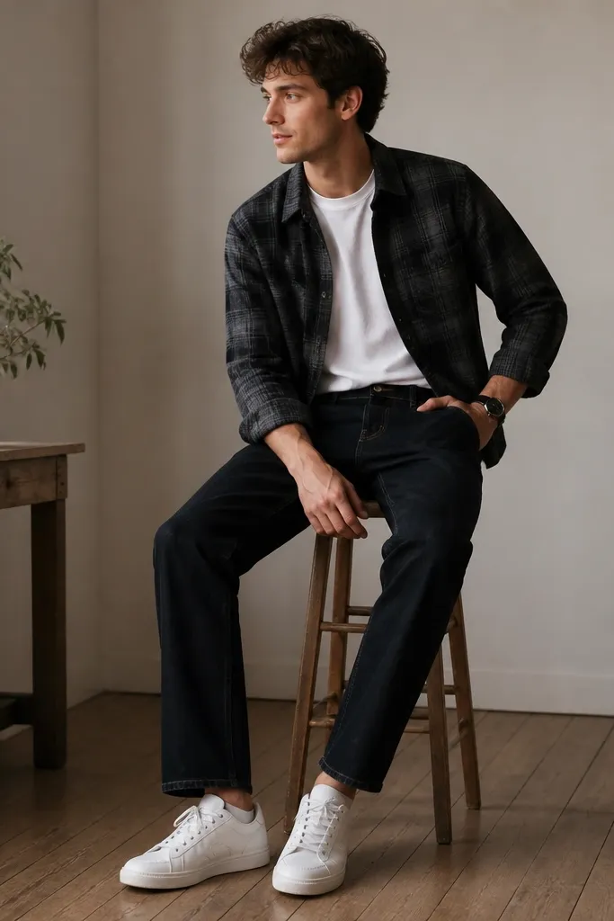 A charcoal and black plaid flannel shirt layered over a plain white crew-neck tee. The flannel is worn slightly open at the front. Dark straight-leg jeans sit at the natural waist. Clean white sneakers and a simple black watch are visible.