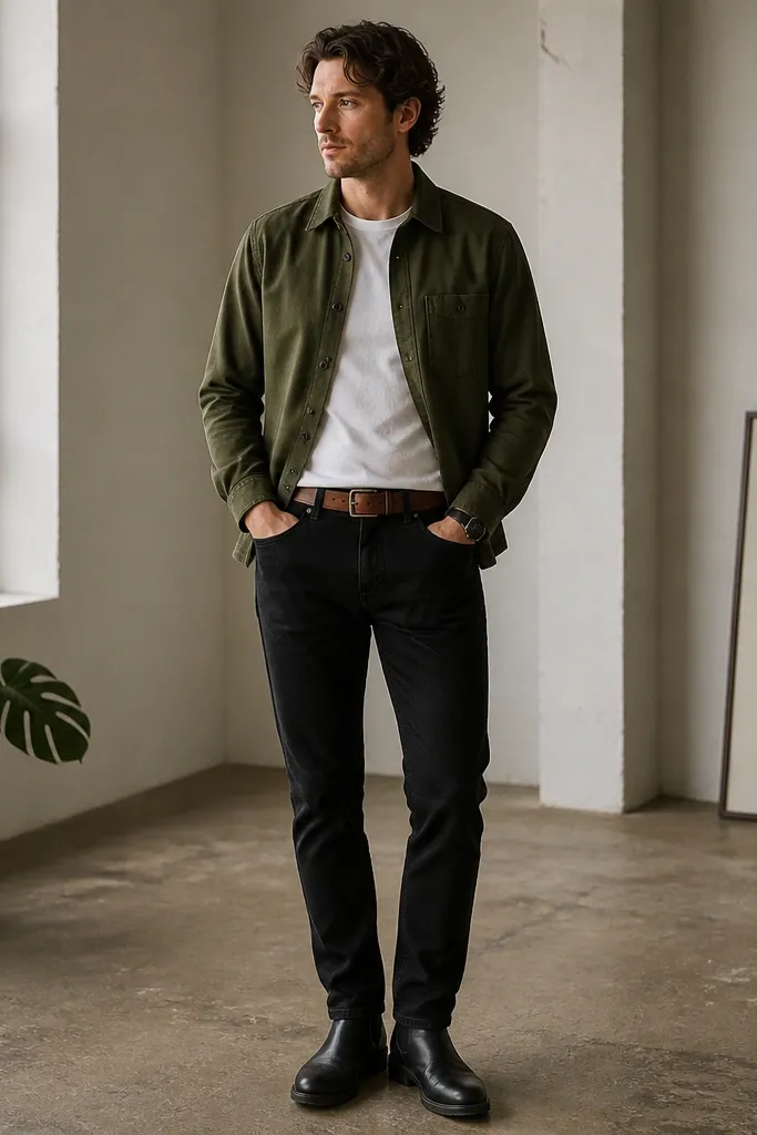 An olive green flannel overshirt is worn as a layer over a white crew tee. The overshirt has a button-front and slightly squared shoulders. Black slim-to-straight denim is paired with minimalist black boots. A tan leather belt and a dark watch appear at the waist.