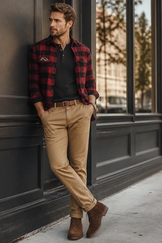 A red and black buffalo check flannel shirt is paired with tan chinos. The flannel is worn unbuttoned over a simple dark henley. Suede chukka boots in medium brown sit on a concrete sidewalk. A simple leather belt and a folded pocket square are visible.