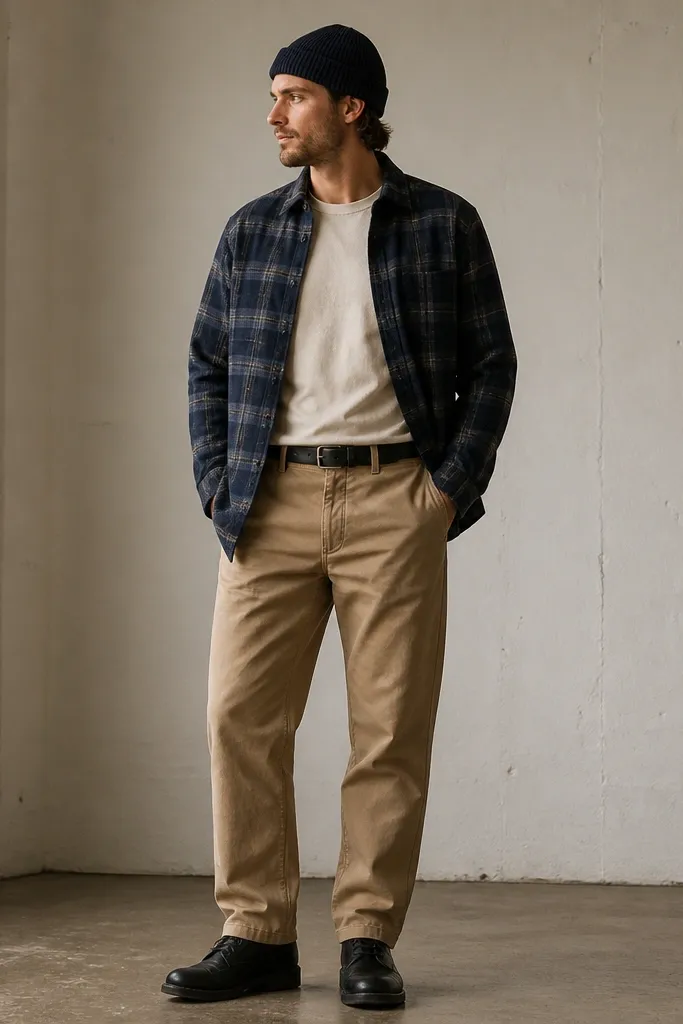 A navy plaid flannel shirt is worn over a light cream tee. The shirt is slightly tucked at the front and left open at the sides. Khaki work pants with a straight leg are paired with black leather lace-up boots. A black belt and a simple knit beanie are shown.