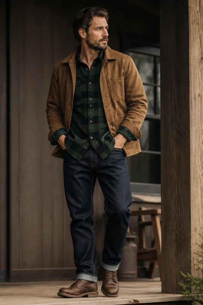 A deep green plaid flannel is layered under a brown chore jacket. The jacket is open and the flannel shows at the chest and sleeves. Dark indigo selvedge jeans with visible stitching and a slight cuff are shown with rugged boots.