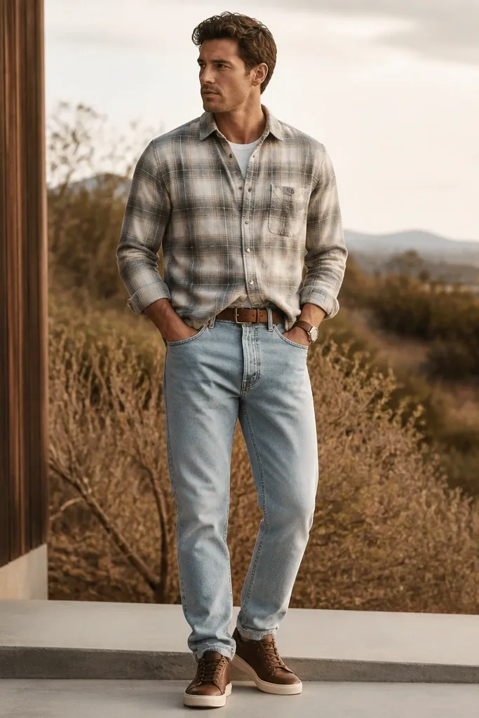 A cream and gray plaid flannel is worn over a white tee. The flannel is buttoned and slightly tucked at the front. Light wash jeans are paired with brown leather sneakers or low boots. A simple belt and minimal watch sit at the waist.