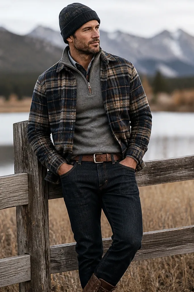 A plaid flannel is layered over a fitted quarter-zip sweater. The sweater collar peeks out at the neck. Dark denim jeans and a brown belt are visible, along with a wool cap and leather boots.