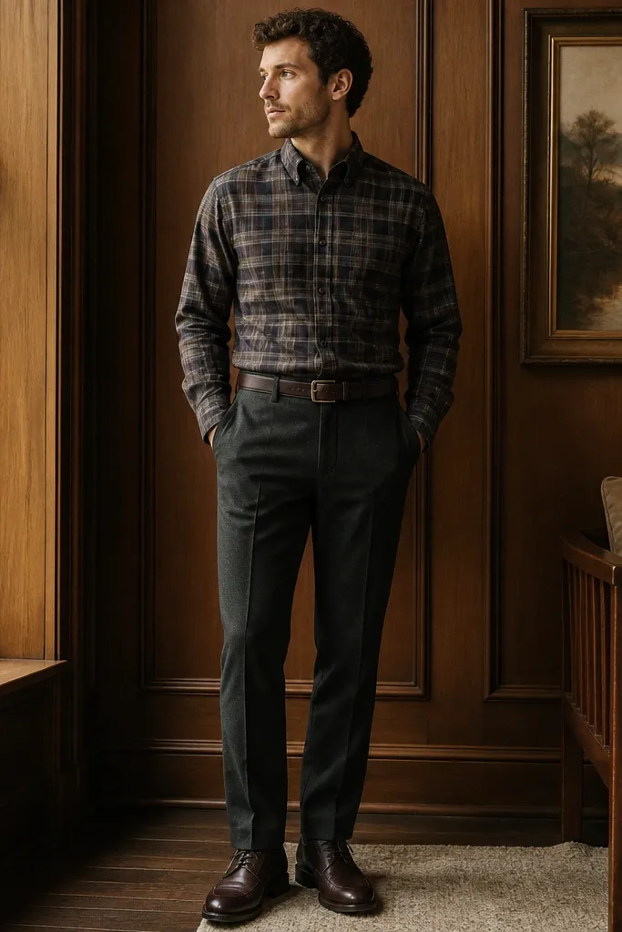 A plaid flannel shirt is neatly tucked into tailored wool trousers. The trousers are a deep charcoal or dark brown. The outfit includes a pair of leather derbies and a simple leather belt. The flannel is buttoned and the collar sits flat.