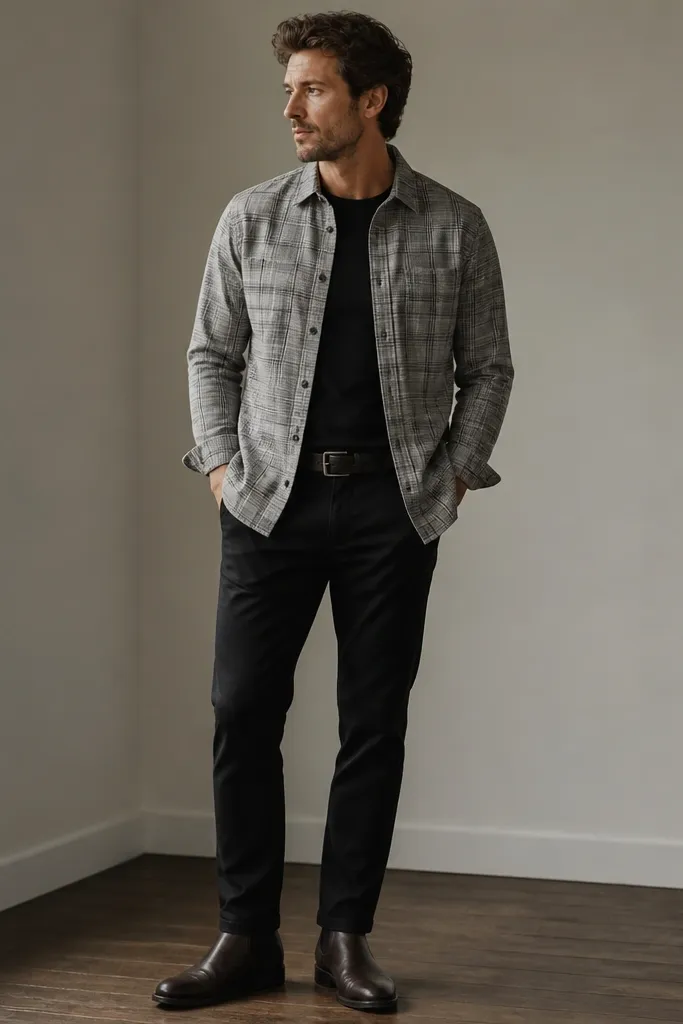 A light gray plaid flannel shirt is worn over a black crew tee. The flannel is partially buttoned and worn with black chinos. Chelsea boots in dark brown or black are visible, along with a slim belt.
