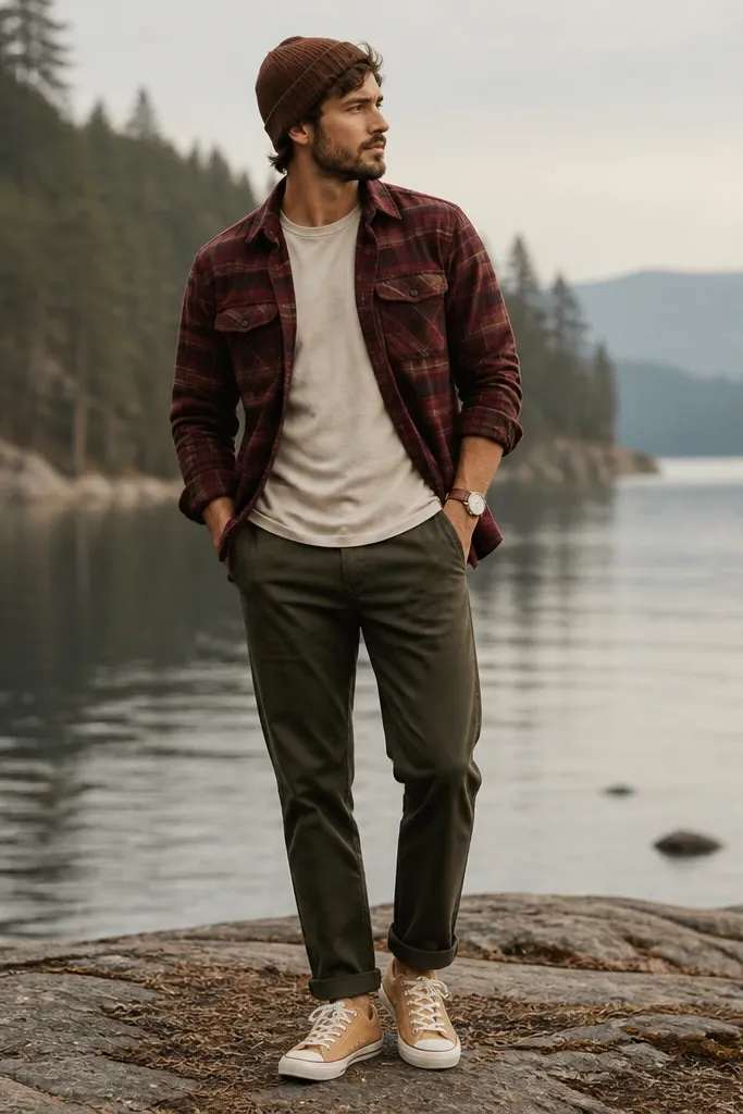 A burgundy plaid flannel is worn open over a cream tee. Dark olive pants are paired with tan canvas sneakers. The outfit has a relaxed, outdoorsy vibe with a simple leather watch and a knit cap.