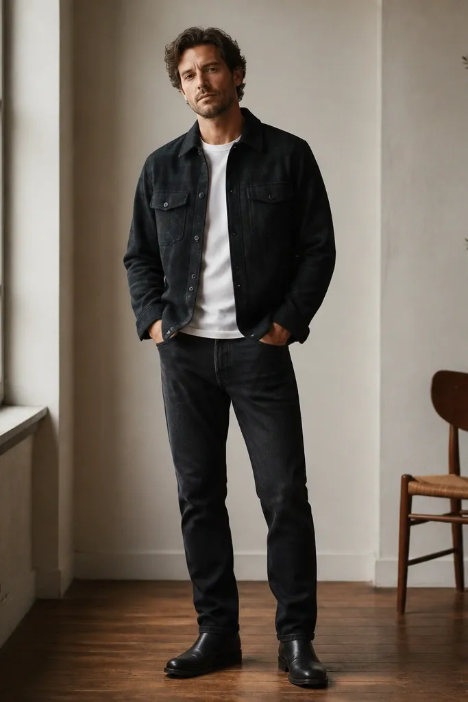 A man wearing a black flannel button-up jacket over a plain white crewneck tee, paired with dark straight-leg jeans and black leather boots; the jacket hem sits at the belt line and the cuffs are worn unrolled.