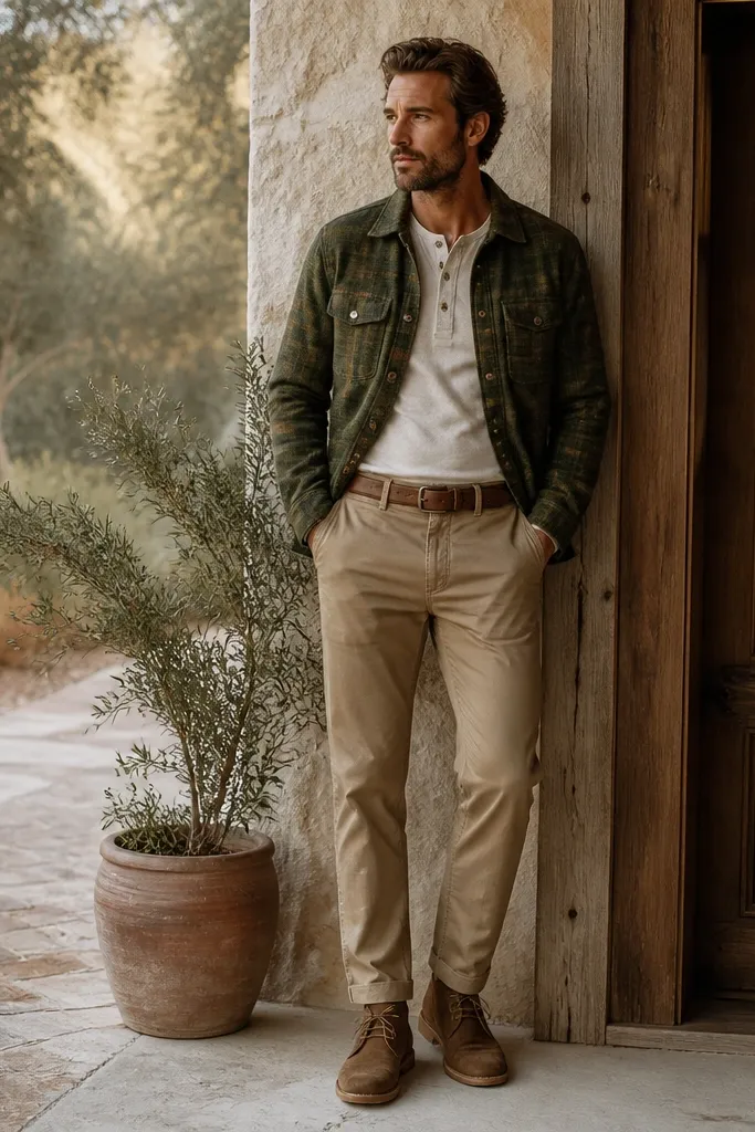 An olive-green flannel jacket with tan buttons worn over a cream henley, tucked into tan chinos; brown suede desert boots and a leather belt match the jacket's warm tones.