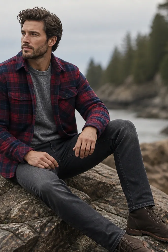 A red-and-navy plaid flannel jacket layered over a heather gray crewneck sweater, with charcoal jeans and dark brown lace-up shoes; the plaid is the only pattern visible.
