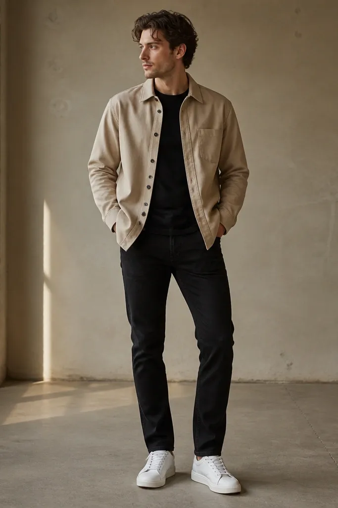 A beige flannel overshirt worn open over a black tee, paired with black slim-straight jeans and white sneakers; the overshirt hem shows over the belt line.
