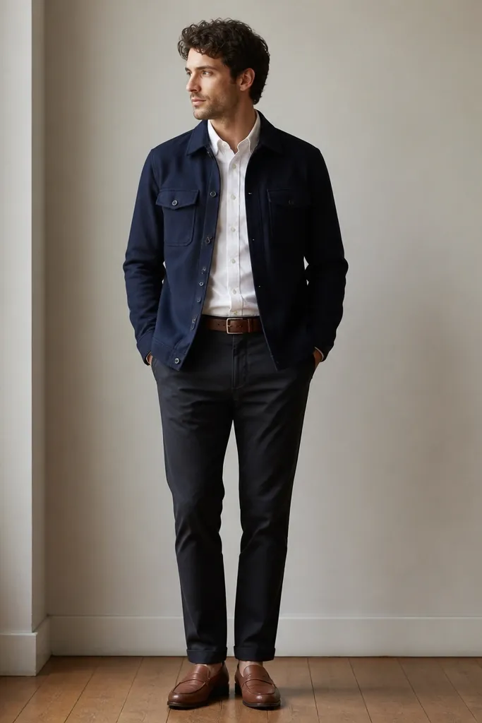 A navy flannel jacket buttoned over a white button-down Oxford shirt, with light brown belt, dark chinos, and brown leather loafers.
