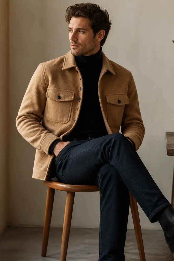 A camel flannel jacket worn over a black turtleneck, paired with dark denim and black Chelsea boots; the jacket is unbuttoned at the bottom.