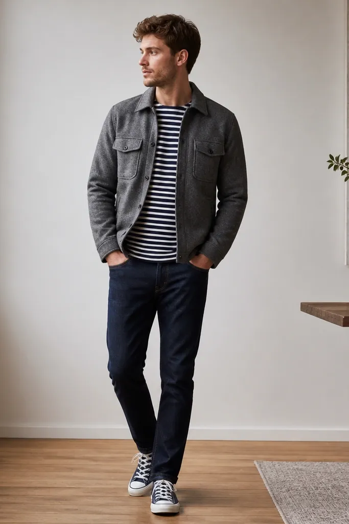 A medium-gray flannel jacket over a navy-and-white striped tee, with navy jeans and casual sneakers; the jacket has a slightly open front and straight sleeves.