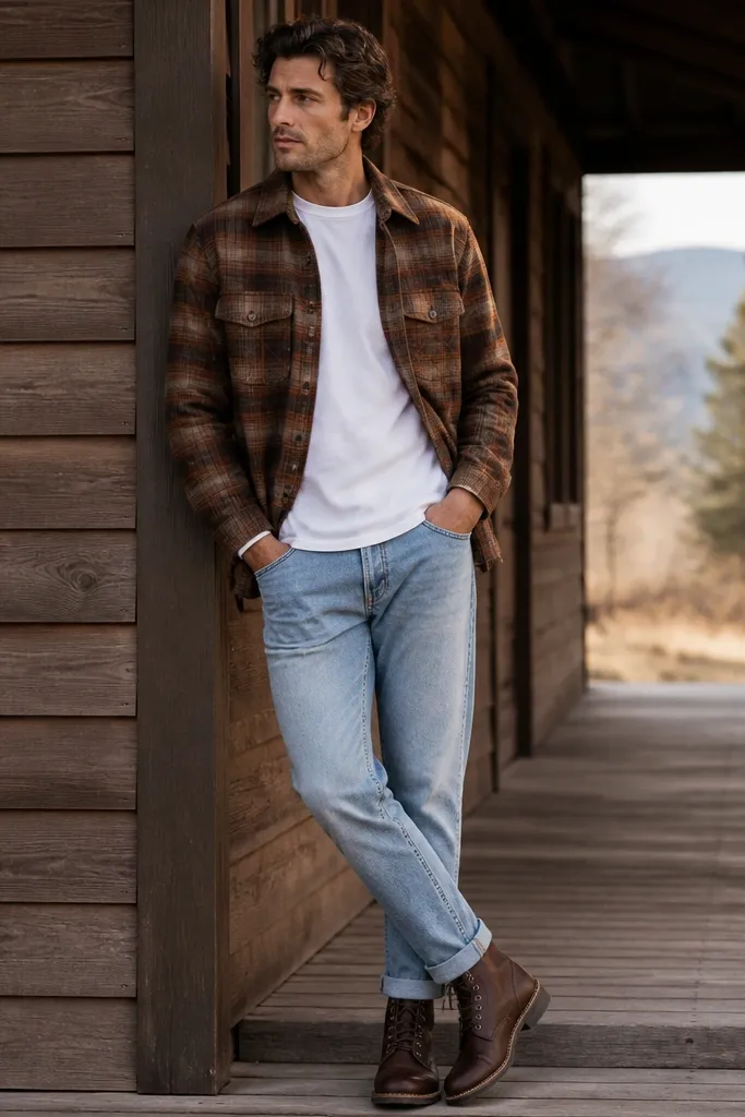 A brown flannel jacket worn open over a white tee, paired with light-wash selvedge jeans and brown leather boots; jacket pockets and buttons are visible.
