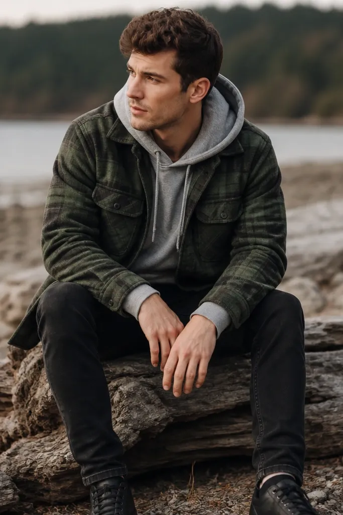 A green flannel jacket layered over a heather gray hoodie, with black jeans and dark sneakers; hoodie cuffs peek out at the wrists.