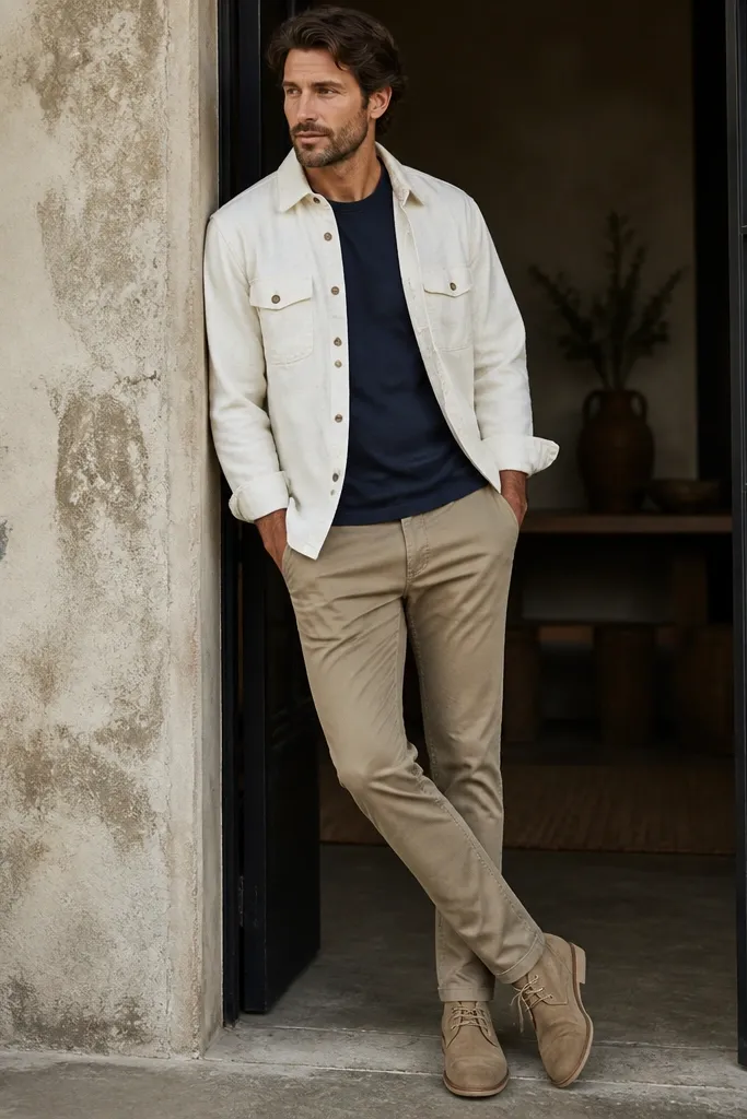 A white flannel jacket worn open over a navy tee, paired with khaki chinos and tan suede shoes; the jacket shows a slightly weathered texture.
