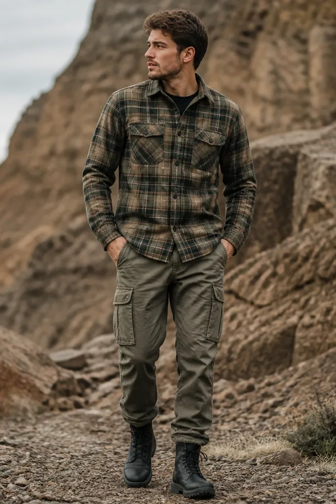 A plaid flannel jacket worn buttoned over a black t-shirt, paired with olive cargo pants and black tactical-style boots; cargo pockets and flannel chest pockets are visible.
