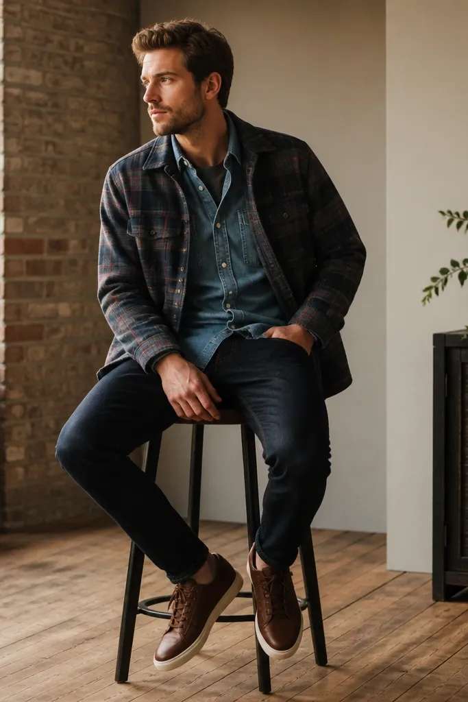 A medium-wash denim shirt under a flannel jacket, paired with dark jeans and brown sneakers; the flannel is open and the denim collar is visible.