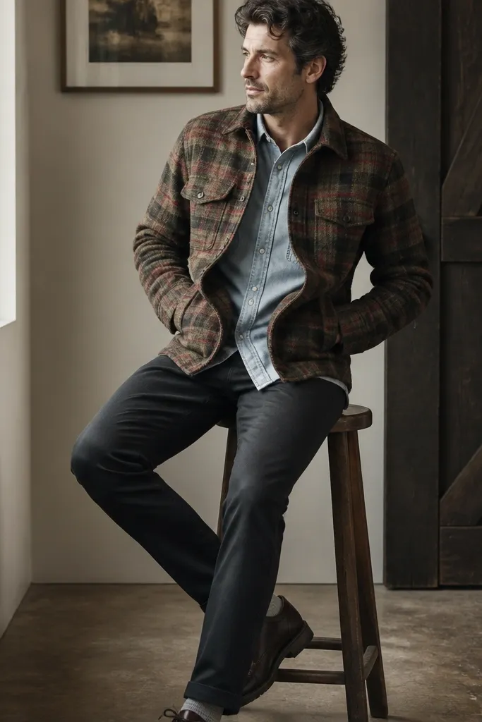 A muted plaid flannel jacket layered over a light chambray button-down, with dark charcoal chinos and dark leather shoes; the chambray collar peeks out.