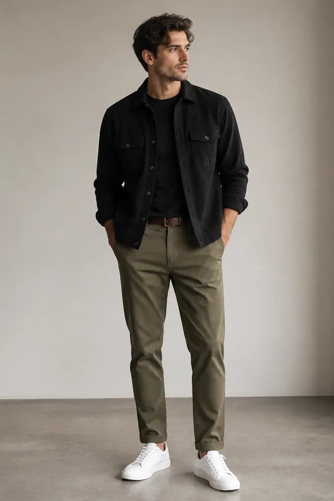 A black flannel overshirt worn open over a black tee, with olive chinos and clean white sneakers; the overshirt hem sits at the belt line.