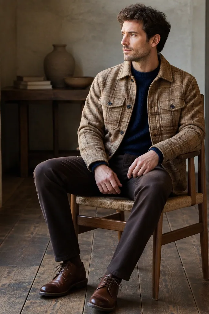 A tan flannel jacket buttoned over a navy crewneck sweater, paired with dark brown jeans and brown leather lace-ups; the jacket collar frames the sweater.