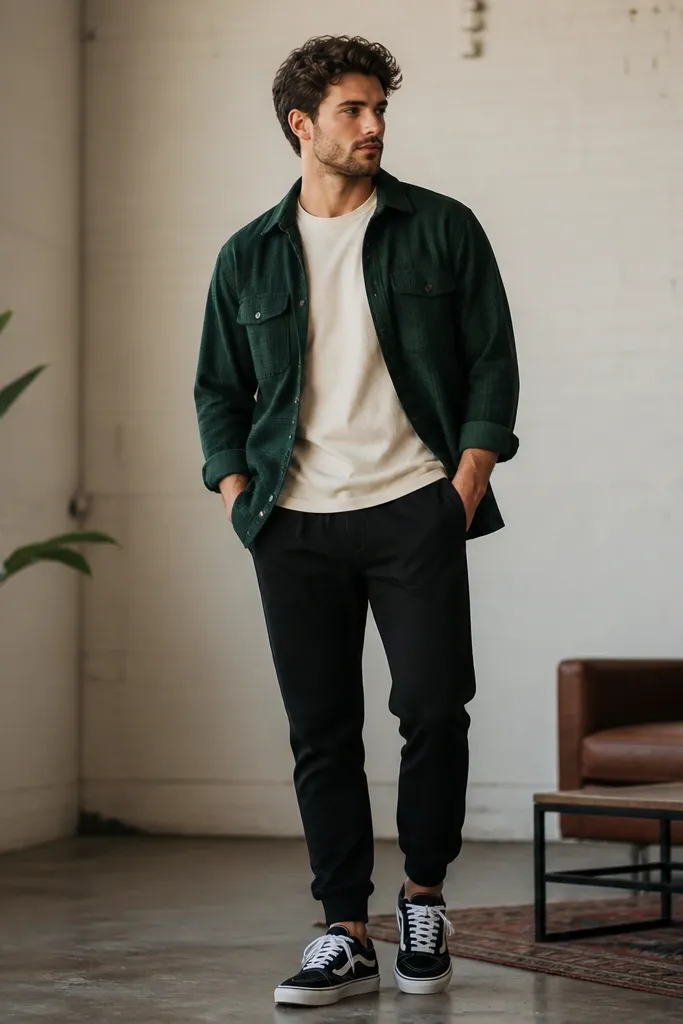 A forest green flannel jacket worn open over a cream tee, paired with black jogger-style pants and black-and-white sneakers; the jacket sleeves are slightly rolled.
