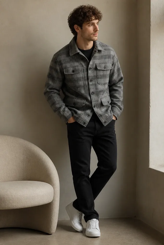 A gray plaid flannel jacket worn buttoned over a black tee, with black jeans and white sneakers; the plaid pattern is clear but not loud.