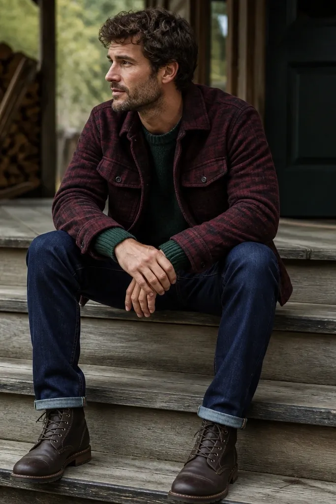 A burgundy flannel jacket layered over a dark green sweater, paired with navy jeans and dark brown boots; the sweater cuffs peek out at the wrists.
