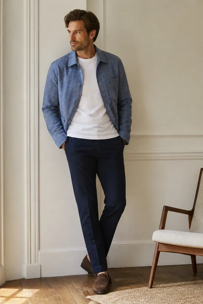 A light blue flannel jacket worn open over a white tee, paired with navy chinos and brown loafers; the jacket has small checks and a clean collar line.