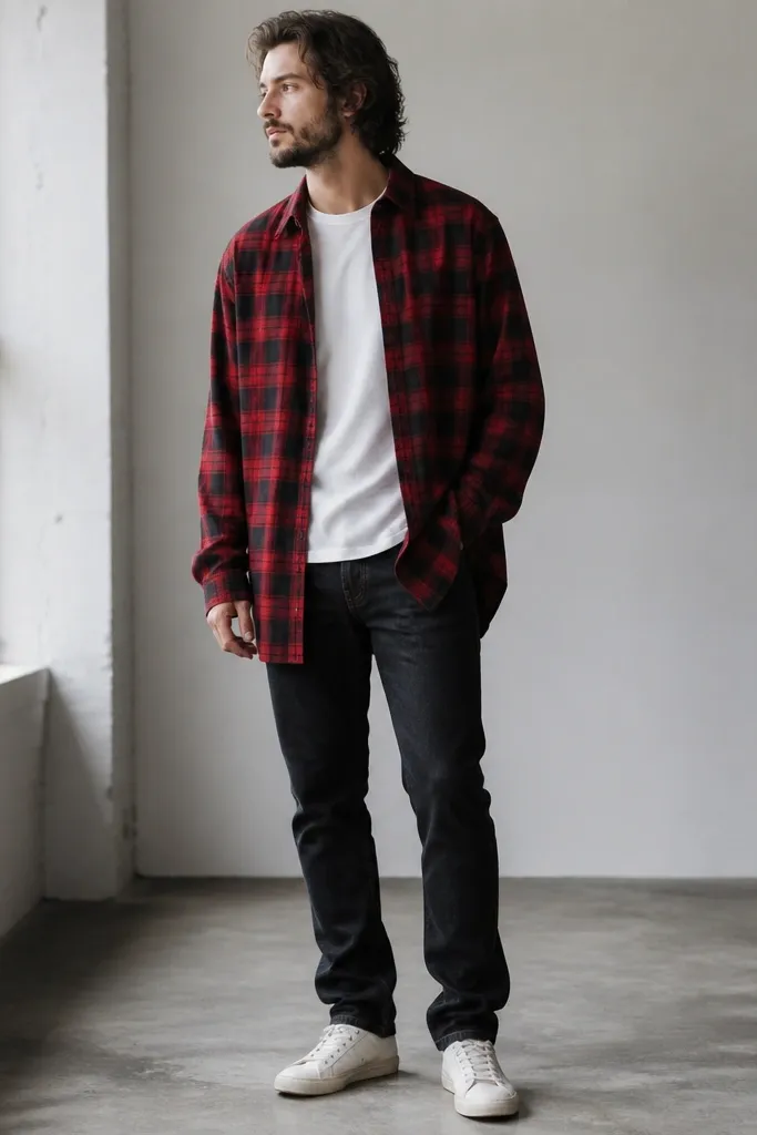 A man wearing an open red-and-black plaid flannel over a plain white crewneck tee. The flannel hem drops well past the belt line, and the sleeves look loose at the wrists. Dark jeans and plain sneakers are visible.