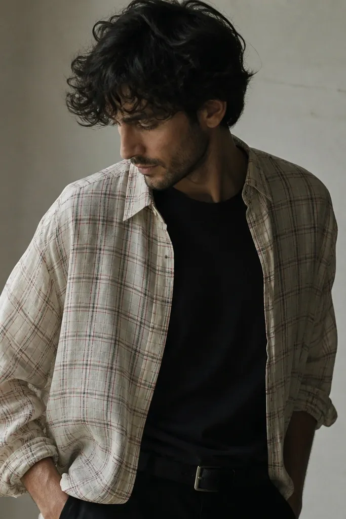 A man wearing a light, thin off-white flannel with small red checks. The fabric looks see-through and wrinkled. He's layered over a thin black tee; the flannel collapses instead of holding shape.