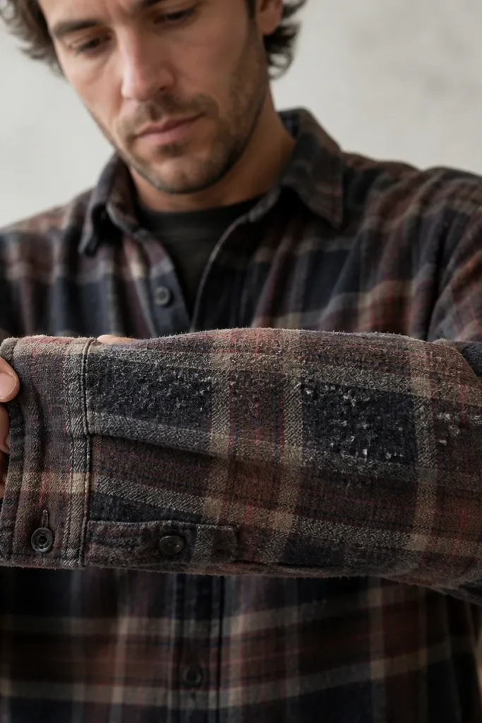 A worn flannel shirt with visible pilling on the sleeves and chest. The plaid looks faded and uneven. The man is showing the sleeve area up close; the fabric texture is rough with small balls of lint.