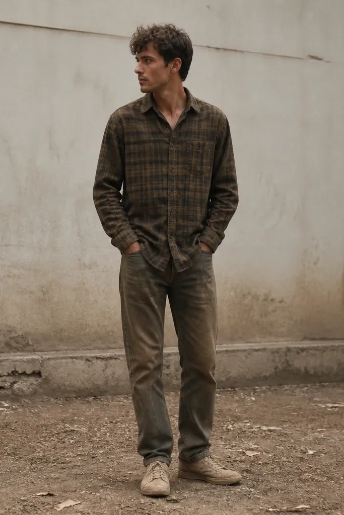 A man wearing a brown-and-olive plaid flannel with olive jeans. The colors blend into each other and the outfit looks muddy. He's wearing beige sneakers and the plaid pattern is hard to read.