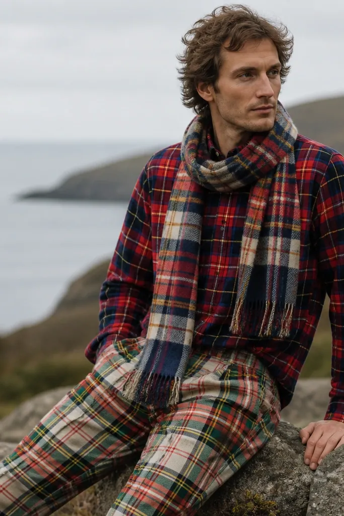 A man wearing a plaid flannel shirt with a plaid scarf and plaid pants. The patterns clash and the outfit looks busy. The colors are similar brightness, so nothing has a clear hierarchy.