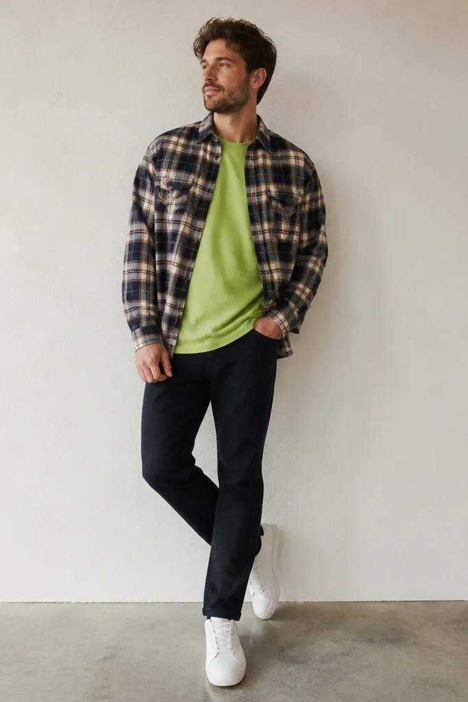 A man wearing a flannel open over a bright neon-green tee. The bright color pops too hard at the neck and makes the plaid look dull. He's wearing dark jeans and white sneakers.