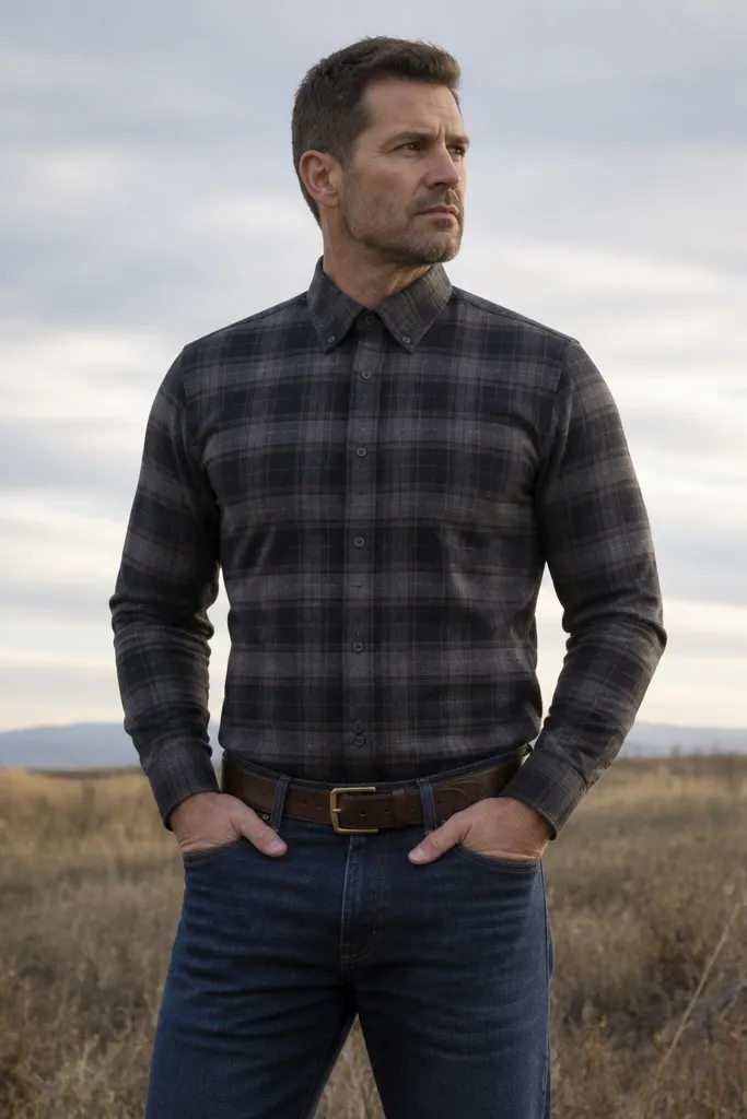 A man wearing a closed flannel with all buttons fastened. The shirt pulls across the chest and the front looks stiff and square. He's paired with straight jeans and a thick belt.