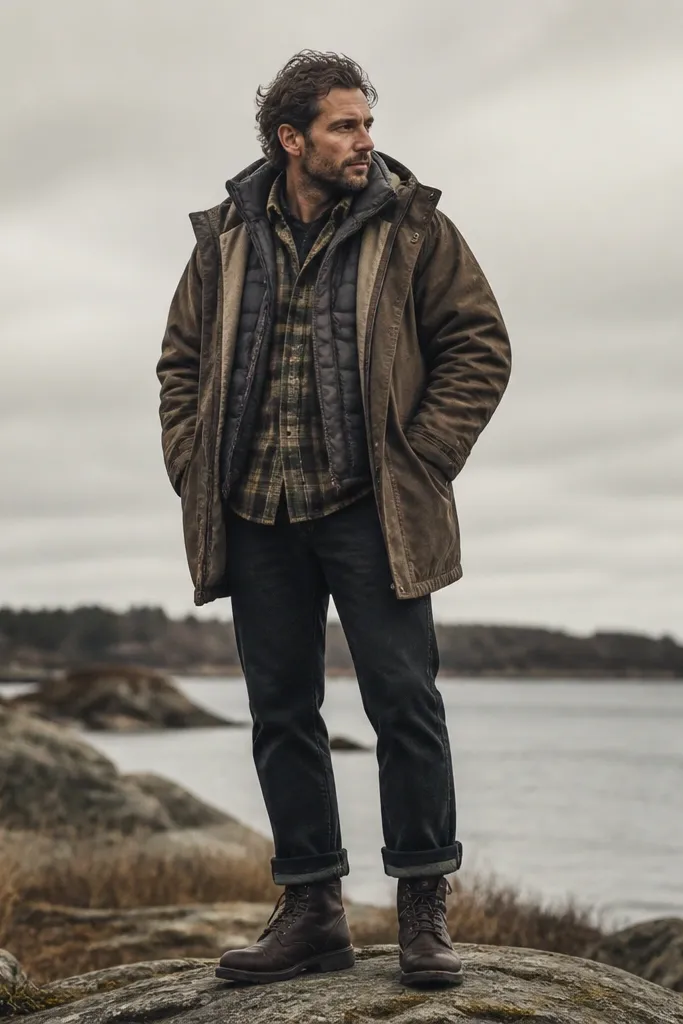 A man layered in a thick flannel, a puffy vest, and a heavy jacket all at once. The outfit looks heavy and the layers bunch at the shoulders. Dark pants and boots are visible.